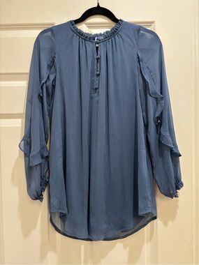 LC Lauren Conrad Dusty Blue Ruffled Neck Long-Sleeve Tunic